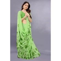 Women's Georgette Printed Saree With Unstitched Blouse (Green) - Green