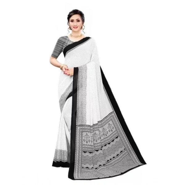 Women's Georgette Printed Saree With Unstitched Blouse (Black) - Black