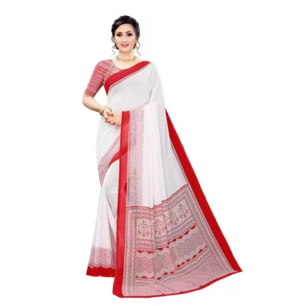 Women's Georgette Printed Saree With Unstitched Blouse (Red) - Red
