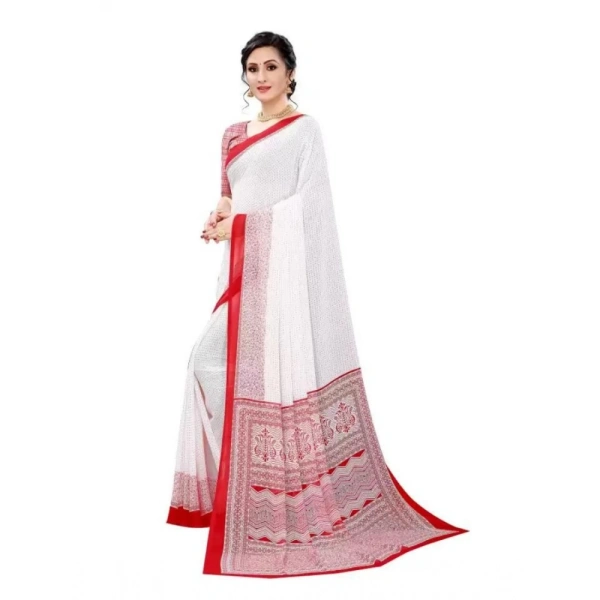 Women's Georgette Printed Saree With Unstitched Blouse (Red) - Red