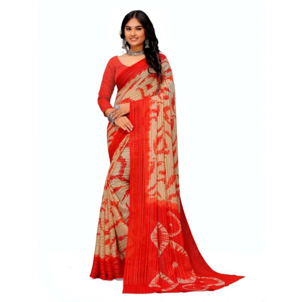 Women's Georgette Printed Saree With Unstitched Blouse (Red) - Red