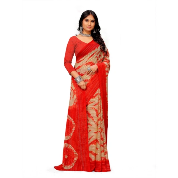 Women's Georgette Printed Saree With Unstitched Blouse (Red) - Red