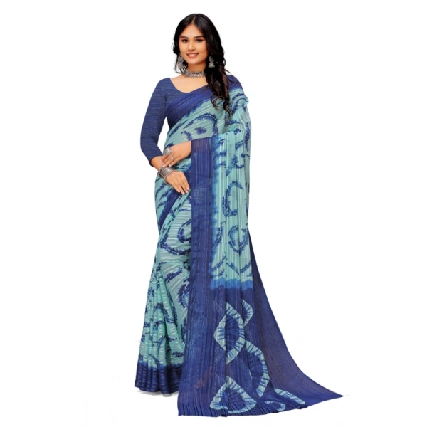 Women's Georgette Printed Saree With Unstitched Blouse (Blue) - Blue