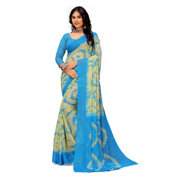 Women's Georgette Printed Saree With Unstitched Blouse (Skyblue) - Skyblue