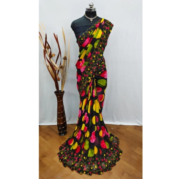 Women's Georgette Printed Saree With Unstitched Blouse (Black) - Black