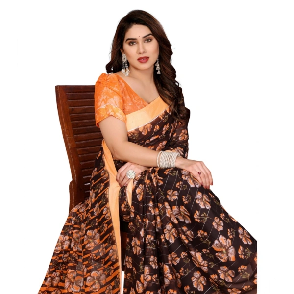 Women's Georgette Printed Saree With Unstitched Blouse 5.5Mtr (Brown)