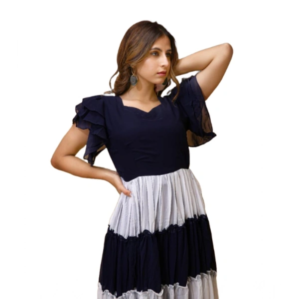 Generic Women's Georgette Solid Half Sleeve Gown (Blue-White) - M