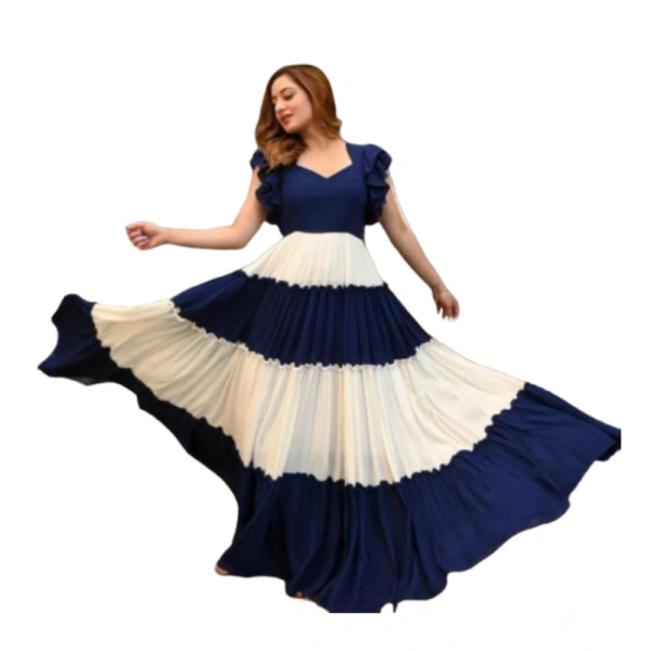 Generic Women's Georgette Solid Half Sleeve Gown (Blue-White) - M