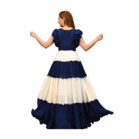 Generic Women's Georgette Solid Half Sleeve Gown (Blue-White) - M