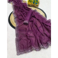 Women's Georgette Stone Work Saree With Unstitched Blouse 5.5Mtr (Purple)