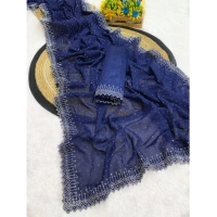 Women's Georgette Stone Work Saree With Unstitched Blouse 5.5Mtr (Blue)