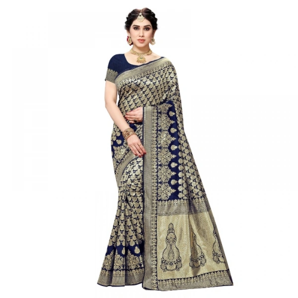 Women's Jacquard Silk Kanjivaram Jacquard Silk Saree With Blouse (Navy Blue, 5-6 Mtrs) - Navy Blue