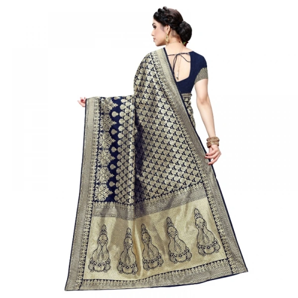 Women's Jacquard Silk Kanjivaram Jacquard Silk Saree With Blouse (Navy Blue, 5-6 Mtrs) - Navy Blue