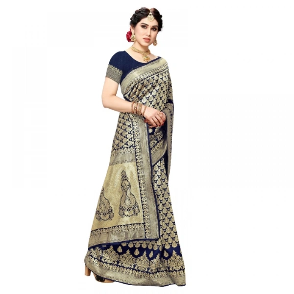 Women's Jacquard Silk Kanjivaram Jacquard Silk Saree With Blouse (Navy Blue, 5-6 Mtrs) - Navy Blue
