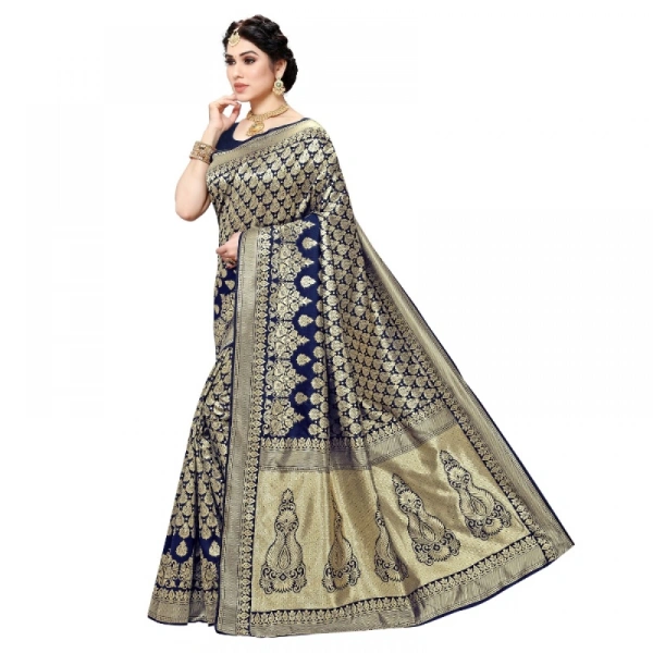Women's Jacquard Silk Kanjivaram Jacquard Silk Saree With Blouse (Navy Blue, 5-6 Mtrs) - Navy Blue