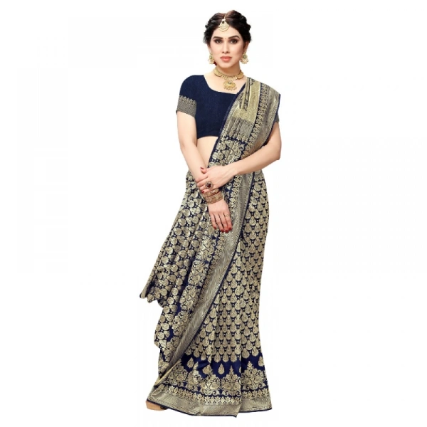 Women's Jacquard Silk Kanjivaram Jacquard Silk Saree With Blouse (Navy Blue, 5-6 Mtrs) - Navy Blue
