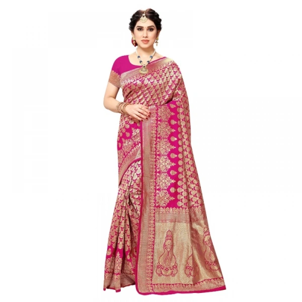 Women's Jacquard Silk Kanjivaram Jacquard Silk Saree With Blouse (Pink, 5-6 Mtrs) - Pink