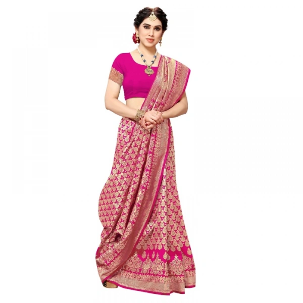 Women's Jacquard Silk Kanjivaram Jacquard Silk Saree With Blouse (Pink, 5-6 Mtrs) - Pink