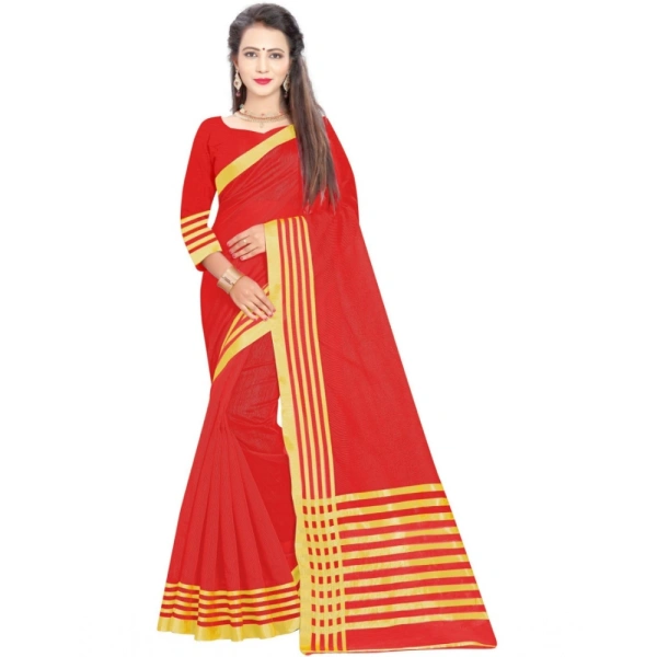 Women's Jacquard Striped Saree With Unstitched Blouse 5.5Mtr (Red) - Red