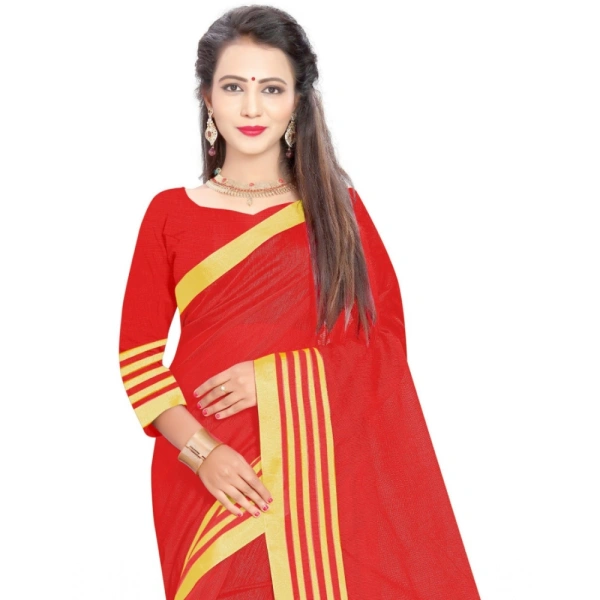Women's Jacquard Striped Saree With Unstitched Blouse 5.5Mtr (Red) - Red