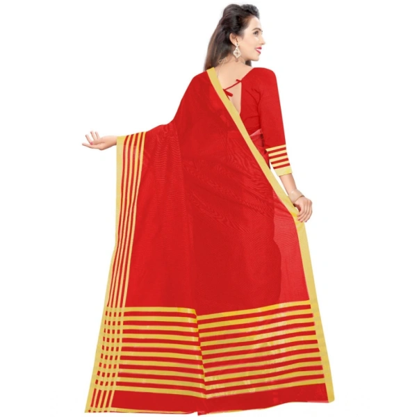 Women's Jacquard Striped Saree With Unstitched Blouse 5.5Mtr (Red) - Red