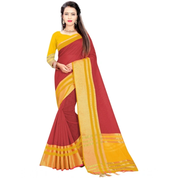 Women's Jacquard Striped Saree With Unstitched Blouse 5.5Mtr (Red) - Red