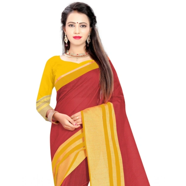 Women's Jacquard Striped Saree With Unstitched Blouse 5.5Mtr (Red) - Red