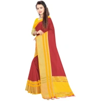 Women's Jacquard Striped Saree With Unstitched Blouse 5.5Mtr (Red) - Red