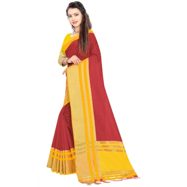 Women's Jacquard Striped Saree With Unstitched Blouse 5.5Mtr (Red) - Red