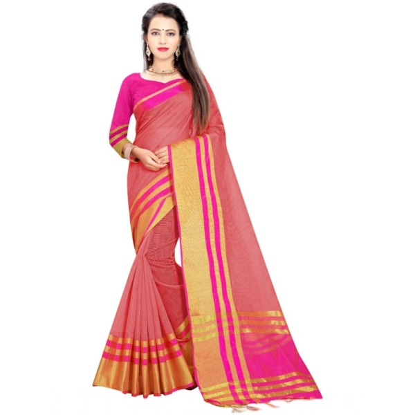 Women's Jacquard Striped Saree With Unstitched Blouse 5.5Mtr (Pink) - Pink