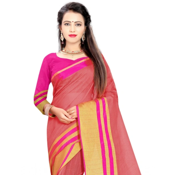 Women's Jacquard Striped Saree With Unstitched Blouse 5.5Mtr (Pink) - Pink
