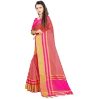 Women's Jacquard Striped Saree With Unstitched Blouse 5.5Mtr (Pink) - Pink