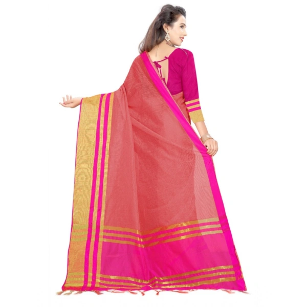 Women's Jacquard Striped Saree With Unstitched Blouse 5.5Mtr (Pink) - Pink