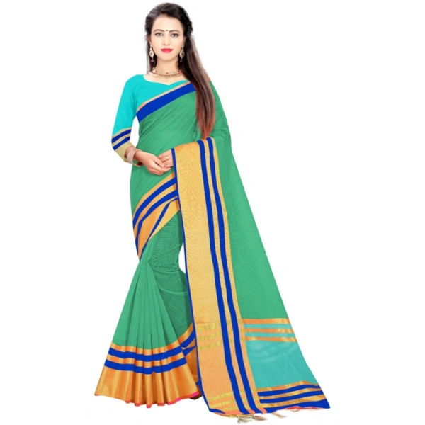 Women's Jacquard Striped Saree With Unstitched Blouse 5.5Mtr (Green) - Green