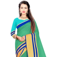 Women's Jacquard Striped Saree With Unstitched Blouse 5.5Mtr (Green) - Green