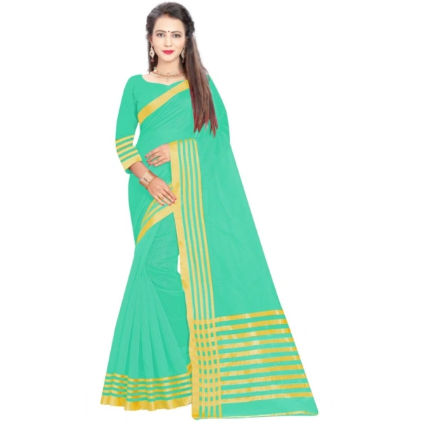 Women's Jacquard Striped Saree With Unstitched Blouse 5.5Mtr (Green) - Green