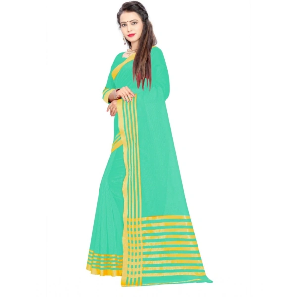 Women's Jacquard Striped Saree With Unstitched Blouse 5.5Mtr (Green) - Green