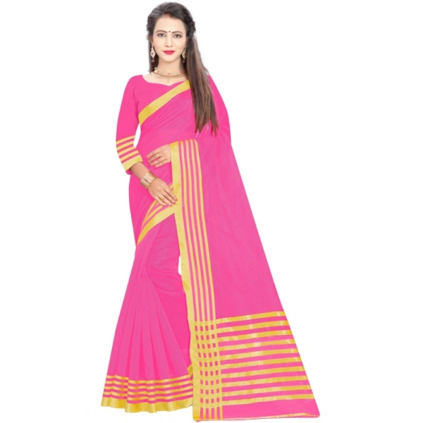 Women's Jacquard Striped Saree With Unstitched Blouse 5.5Mtr (Pink) - Pink