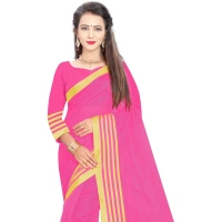 Women's Jacquard Striped Saree With Unstitched Blouse 5.5Mtr (Pink) - Pink