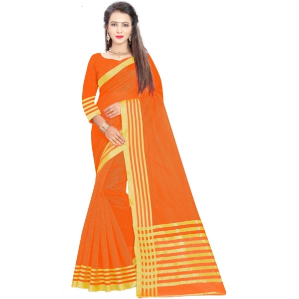 Women's Jacquard Striped Saree With Unstitched Blouse 5.5Mtr (Orange) - Orange