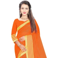 Women's Jacquard Striped Saree With Unstitched Blouse 5.5Mtr (Orange) - Orange