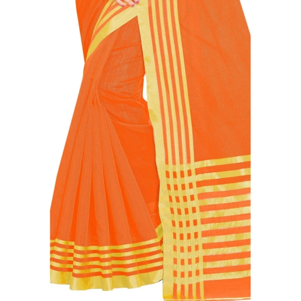 Women's Jacquard Striped Saree With Unstitched Blouse 5.5Mtr (Orange) - Orange