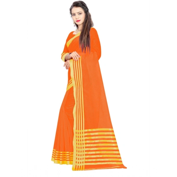 Women's Jacquard Striped Saree With Unstitched Blouse 5.5Mtr (Orange) - Orange