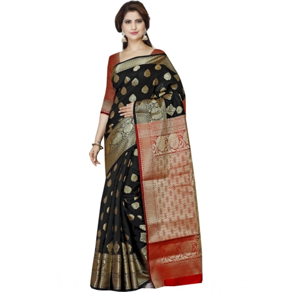 Women's Jacquard Woven Saree With Unstitched Blouse 5.5Mtr (Black) - Black