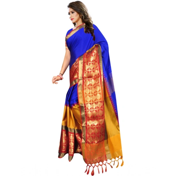 Women's Jacquard Woven Saree With Unstitched Blouse 5.5Mtr (Blue) - Blue