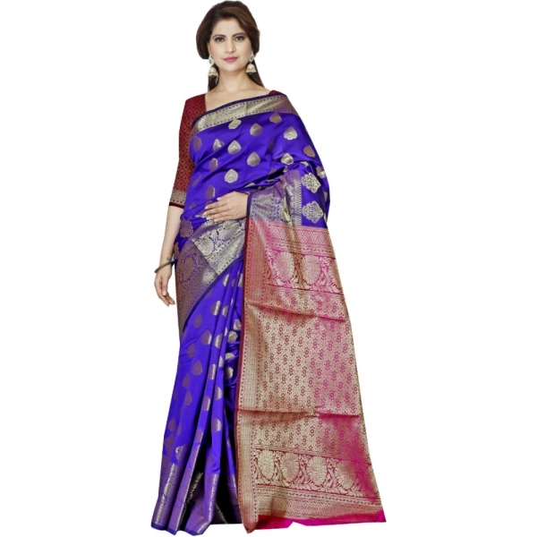 Women's Jacquard Woven Saree With Unstitched Blouse 5.5Mtr (Dark Blue) - Dark Blue