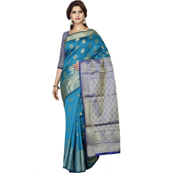 Women's Jacquard Woven Saree With Unstitched Blouse 5.5Mtr (Green-Blue) - Green-Blue