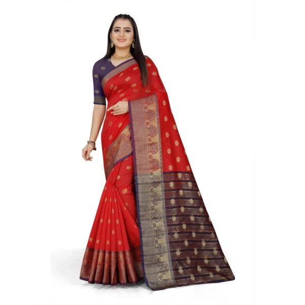 Women's Jacquard Woven Saree With Unstitched Blouse 5.5Mtr (Red) - Red