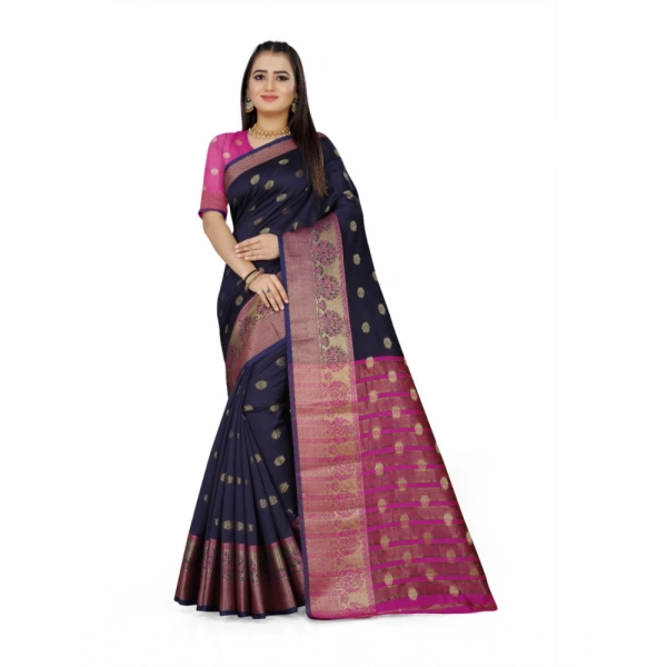 Women's Jacquard Woven Saree With Unstitched Blouse 5.5Mtr (Dark Blue) - Dark Blue