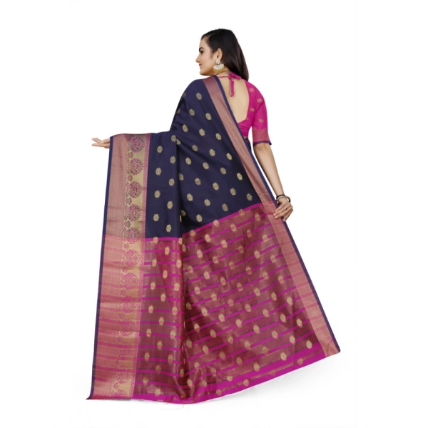 Women's Jacquard Woven Saree With Unstitched Blouse 5.5Mtr (Dark Blue) - Dark Blue